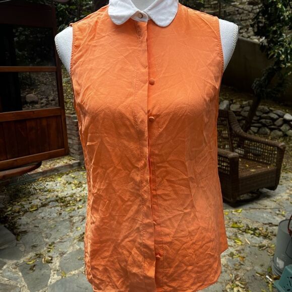 MASSIMO DUTTI SILK BUTTON DOWN SLEEVELESS SHIRT TANGERINE ORANGE WHITE COLLAR M - Picture 8 of 11